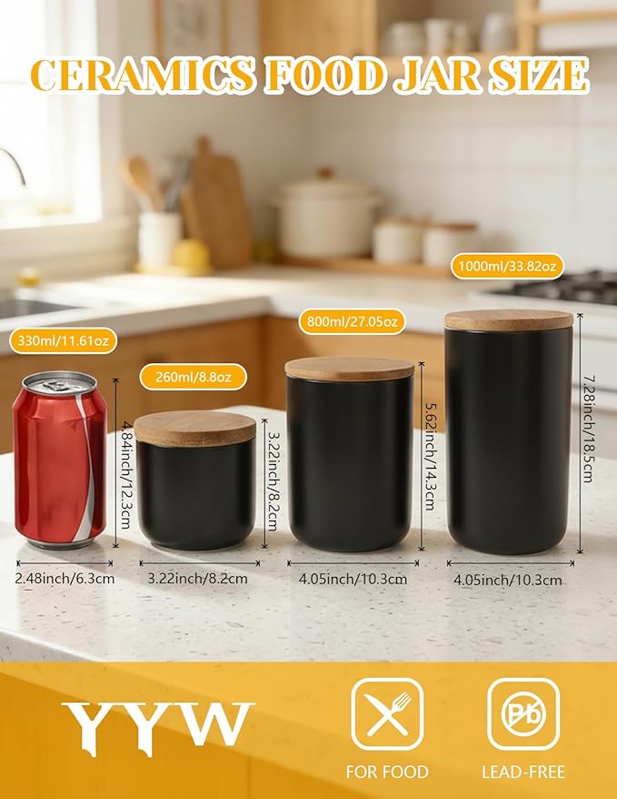 YYW Ceramics Food Storage Jar Canister with Airtight Seal Bamboo Lid, Simple Style Kitchen Canister for Food Storage, Store Coffee, Sugar, Tea, Spices (Black (8.79oz/260ml))