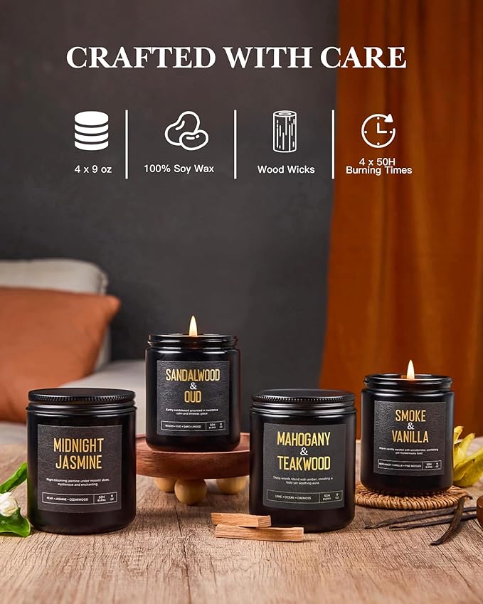 Crackling Wood Wick Candles for Men: 4 Pack 36oz Soy Scented Candles for Home Scented, Up to 200H Burning, Masculine Mens Candle Set, Aromatherapy Candle Gift Set for Fathers Birthday Valentine's Day