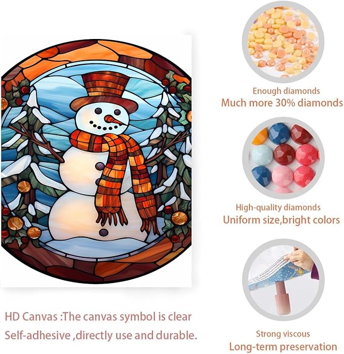 GUAIEUW Winter Stained Glass Snowman Diamond Painting Kits 5D Full Round Diamond Painting Art, Season Theme Canvas HD Picture DIY Diamond Dot Painting, Home Wall Decor Gift 12x18 Inch