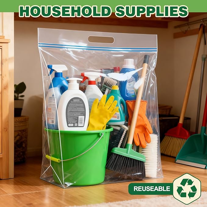 20 PACK 25 Gallon Extra Large Storage Bags, 35.5"x 24"x 7" Resealable Clear Zipper Bags with Handle, Heavy Duty Big Bag for Clothes Pillow Travel Moving, Expandable Bottom, 8 Mil Thick