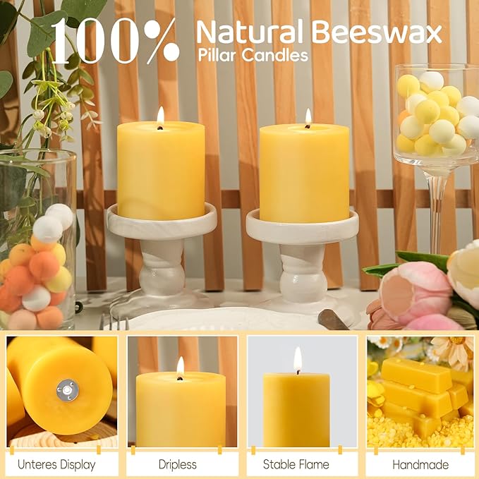 3 Pack Natural Beeswax Candles,132 Hours Long Burning-Bees Wax Candles for Home,100% Pure Beeswax Pillar Candle for Emergency,Paryer,Parties,Unscented Dripless Smokeless Pillar Candle Bulk 2.8x3in