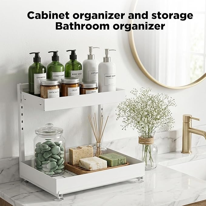 Under Sink Organizer, Bathroom Counter Organizer, 2 Pack 2 Tier L-Shape White, Adjustable Height Carbon Steel, Under Cabinet Storage with Pull Out Drawer, Use for Kitchen Bathroom Office Shop Laundry