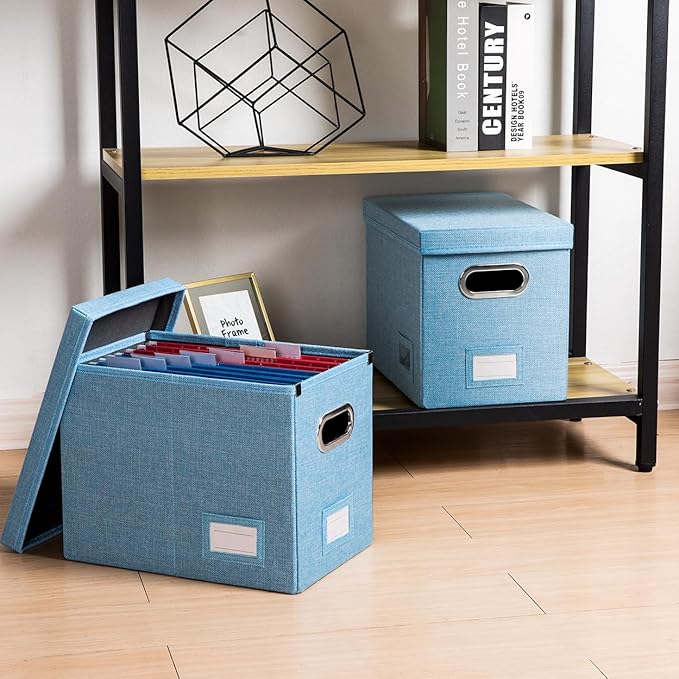 PRANDOM File Organizer Box - Set of 4 Collapsible Decorative Linen Filing Storage Hanging File Folders with Lids Office Cabinet Letter Size Blue (14x9.3x10.8 inch)