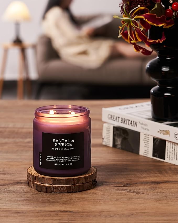 M&SENSE Santal Spruce Scented Candle, 11.6oz 70 Hours Burn Non Toxic Natural Soy Wax, 2 Cotton Wick Candle for Winter Holiday Housewarming Gifts for Family Friends Teachers