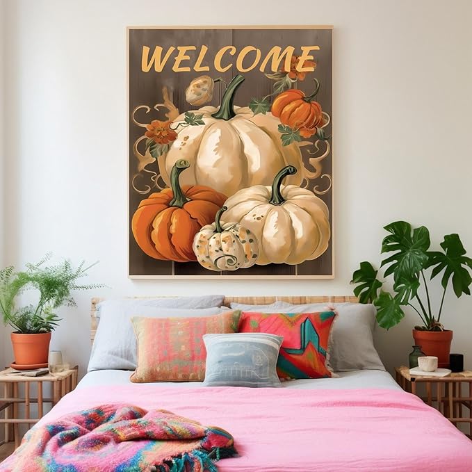 GUAIEUW DIY Diamond Painting Kit - Autumn Pumpkin Diamond Painting, 5D Full Round Diamond Diamond Art Painting for Adults with Accessories, Home Wall Decor Premium Gift 20x24 Inch