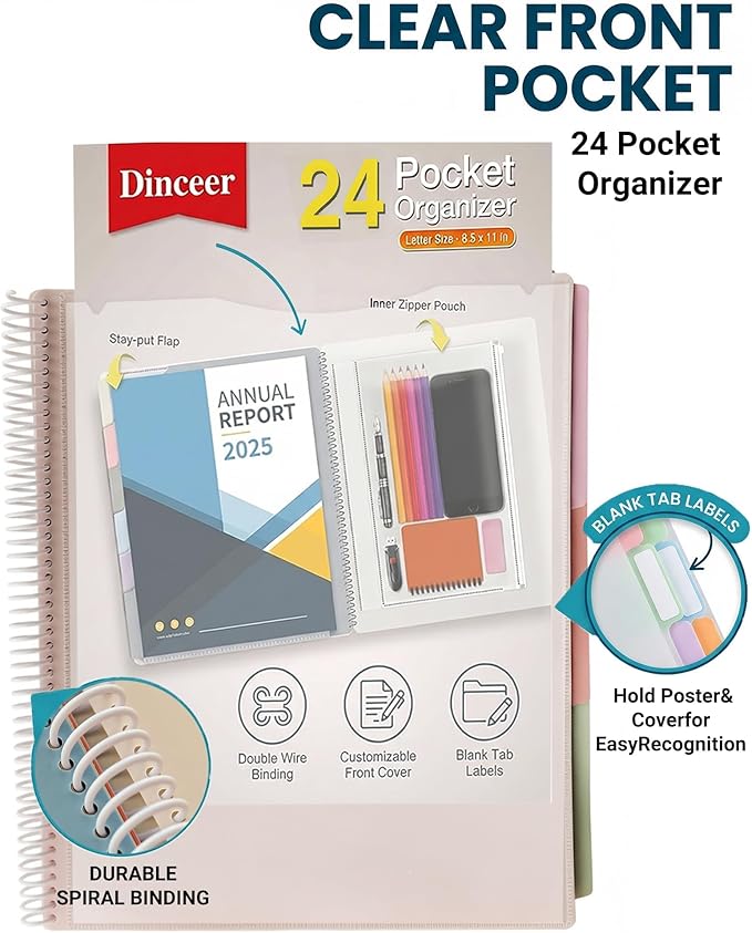 24 Pocket Project Organizer Folder by Dinceer, Letter Size Expandable File Organizer with 12 Color Dividers, Quick View Clear Cover Pocket, Inner Zipper Pouch, Heavy Duty Plastic