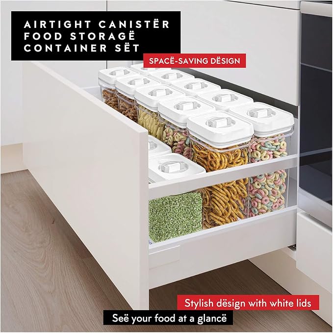 DWËLLZA KITCHEN Airtight Food Storage Containers Set - 12 PC Set - For Kitchen Pantry Organization and Storage - BPA-Free - Clear Plastic Dry Food Canisters with White Lids, Keeps Food Fresh.