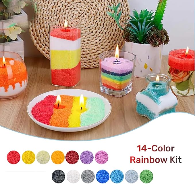Monivi 14-Color Pearled Candle Sand Gift Set 1.55lb/24.7oz Colored Sand Wax with Glass Jar, 2 Scented Oils, Spoon and 50 Wicks, Wax Sand Beads for Candle Making, Décor, Luxury Gift (14-Color Gift Set)