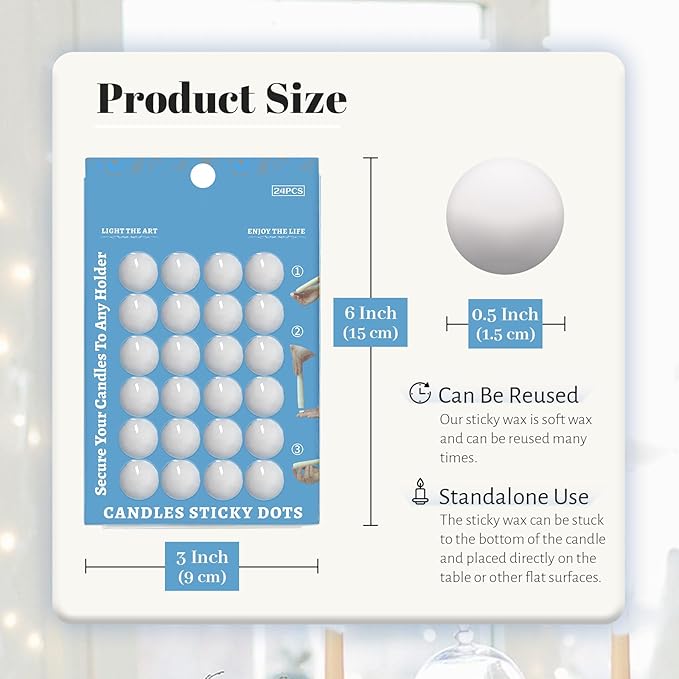 White Wax Candle Adhesive Dots - Unscented Sticky Dots for Taper Candles,Secure & Traceless Hold, Easy Clean DIY Candle Holders,Wedding & Home Decor 24/Pack
