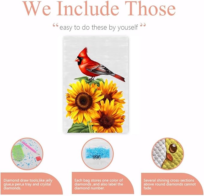 GUAIEUW Sunflower Red Bird Diamond Painting Kit for Adults, Full Round Diamond Cardinal Bird 5D Diamond Painting DIY Art Crafts for Winter Home Wall Decor Holiday Gift 16x24 Inch