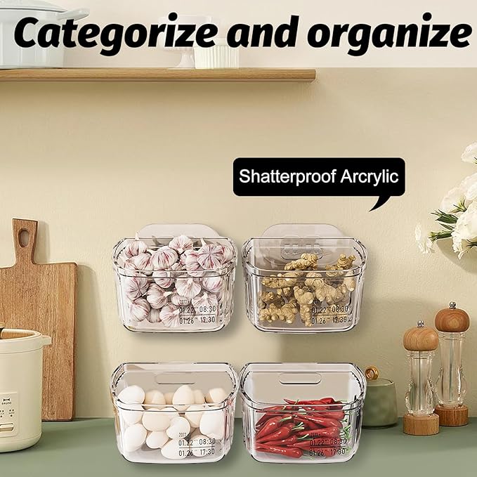 4 Pcs Acrylic Wall Mounted Storage Bins,Clear Hanging Baskets,Adhesive Cabinet Door Organizer Space-Saving,Wall-Mounted Transparent Containers for Kitchen Makeup Bathroom Pantry