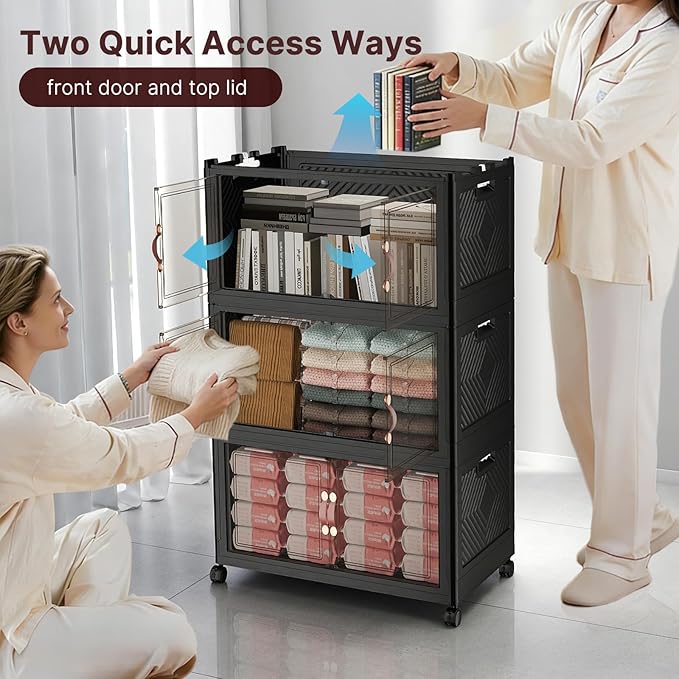 UAMFURI Stackable Storage Bins with Lids, 144QT Closet Organizers, Lockable Storage Cabinet, Foldable Storage Box with Doors and Wheels, Plastic Drawers for Home, Garage, Office (3, Black, Medium)