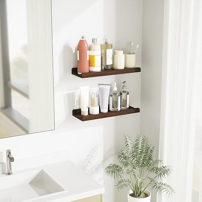 Love-KANKEI Floating Shelves Wall Mounted Set of 2, 17 Inch Rustic Wood Wall Shelves for Storage, Bedroom Living Room Bathroom Kitchen Office and More Dark Walnut