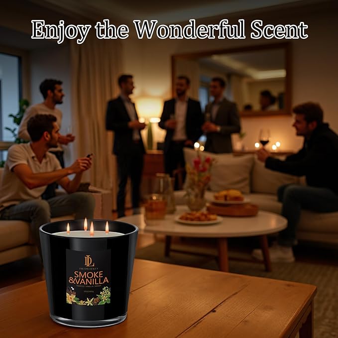 Smoke & Vanilla Scented Candle, Large 30oz Natural Soy Candles, 4-Wick 80 Hour Burn Time, Masculine Candle - Home Fragrance Candles Housewarming Gift for Men