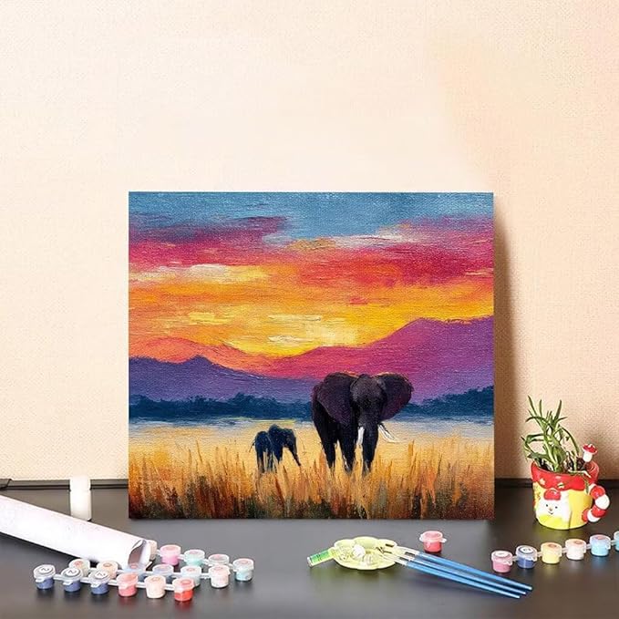 Paint by Numbers Kit for Adults Elephant Paint by Numbers Grassland DIY Crafts for Adults Canvas Paintings Kits, Hobbies for Women Art With Accessories, Home Wall Decor 16x16inch Without Frame Z-6732