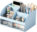 COMFYROOM Desk Organizer with 6 Compartments and 2 Drawers, Plastic Makeup Organizer, Pen Holder for Desktop Storage, Desk Organization for School, Home, Office Supplies (Blue)