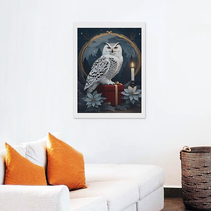 KIVJMSIDJA Diamond Art Kits for Adults Snowy Owl & Candle Glow - Winter Night Scene DIY Round Diamond Art for Home Wall Decor & Crafts Gifts 12"x16"
