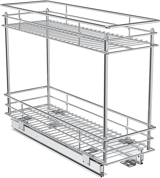 ROOMTEC Pull Out Cabinet Organizer for Narrow Cabinet (5" W X 21" D), Kitchen Cabinet Organizer and Storage 2-Tier Cabinet Pull Out Shelves Under Cabinet Storage for Kitchen, Chrome