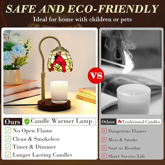 Candle Warmer Lamp with Timer Dimmer, Adjustable Height Candle Warmer for Jar Candles, Birthday Gifts for Women New Home Bedroom Decor Tiffany Red Cardinal Style Stained Glass with 2 Bulbs