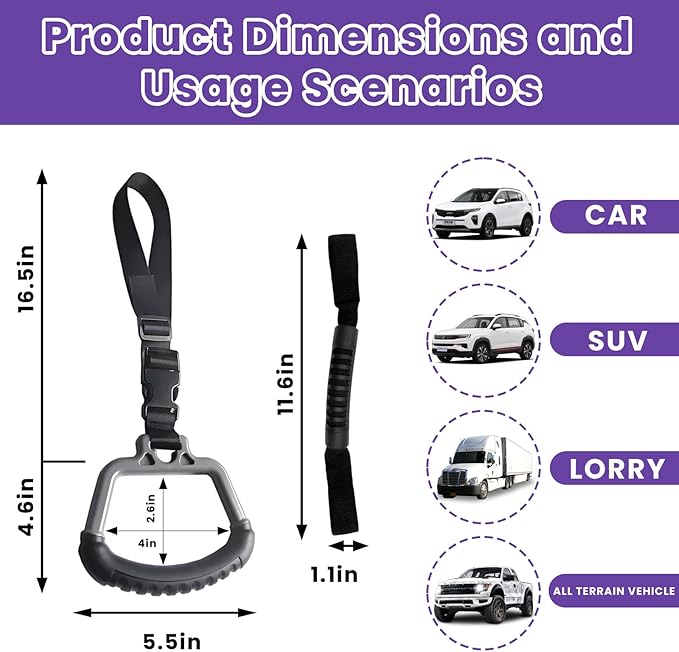 2-in-1 Car Assist Handle Kit | Mobility Aids for Getting Out of Car，Adjustable Overhead & Backseat Assist Bar with Soft Rubber Grip for Added Support Entering and Exiting Vehicle(2, Black)