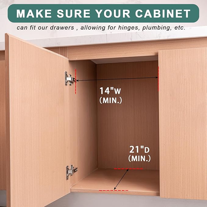 Pull Out Drawers for Kitchen Cabinets, Pull Out Cabinet Organizer, Fully Assembled Wood Cabinet Pull Out Drawer, Fast and Easy DIY Installation, 14”W x 21”D
