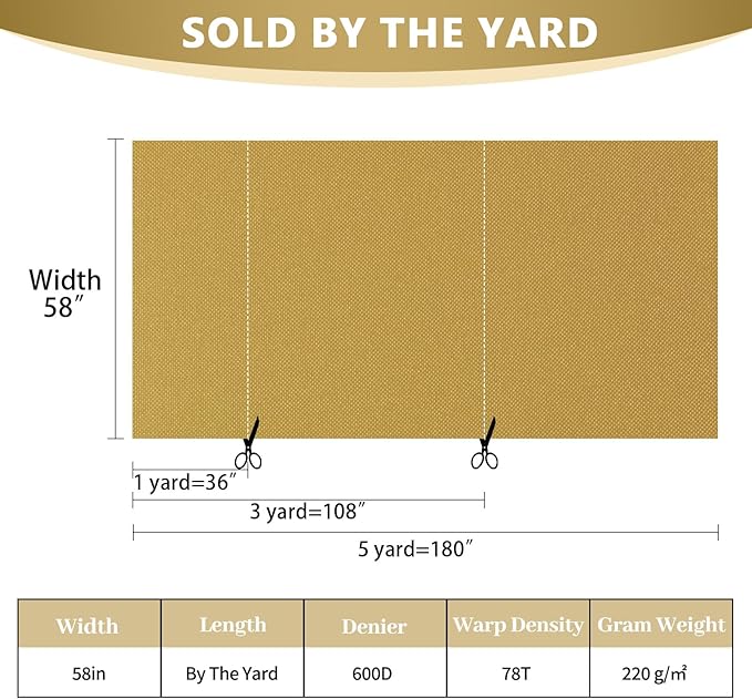 Waterproof Canvas Fabric by The Yard 58inch 600D Upholstery Material Polyester Fabric Outdoor Water Resistant Fabric for Sewing Chair Patio Cushion Purse Bag Interior, Pre Cut 5 Yard Tan