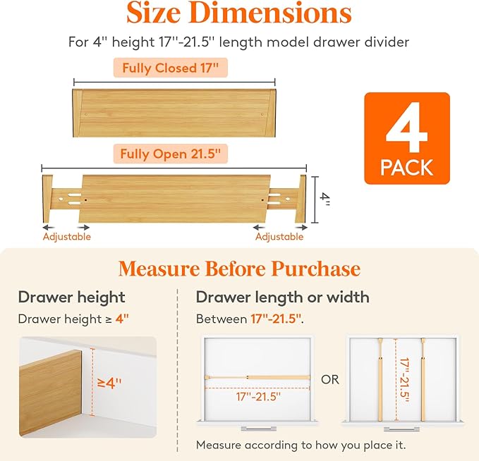 Lifewit 4" High 4 Pack Bamboo Drawer Dividers 43-54cm/17-21.5" Adjustable Wooden Drawer Organizer for Clothes/Utensils, Expandable Drawer Separator for Dresser/Kitchen/Bedroom/Office Organization