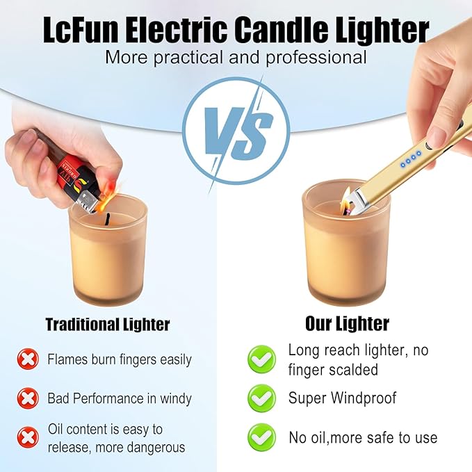 LcFun 2 Pack Candle Lighter USB Rechargeable Electric Plasma Arc Lighters with Safety Lock, Windproof Flameless Long Lighters Matches for Candle, Grill, BBQ, Camping, Gas Stoves (Black, Gold)