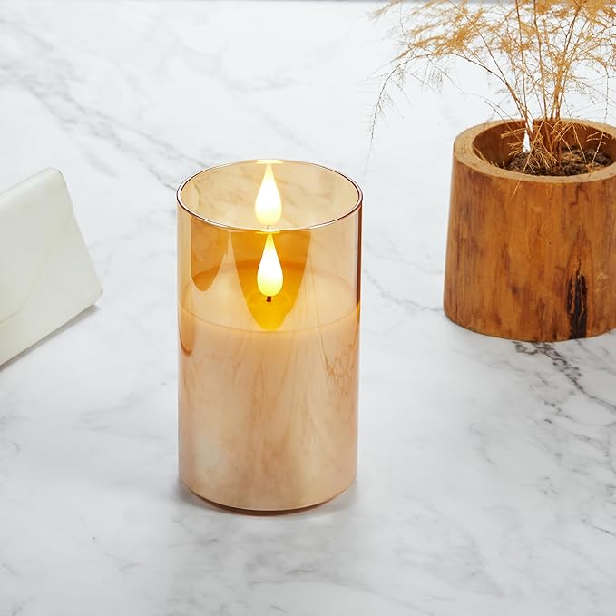 Rechargeable Battery Operated Flickering Flameless Candles with Remote and Timer, led Candle with 3D Wick Last 1000+ Hours Real Wax Electric Candles Pillar Candle for Home, Gold Glass 3" x 5"
