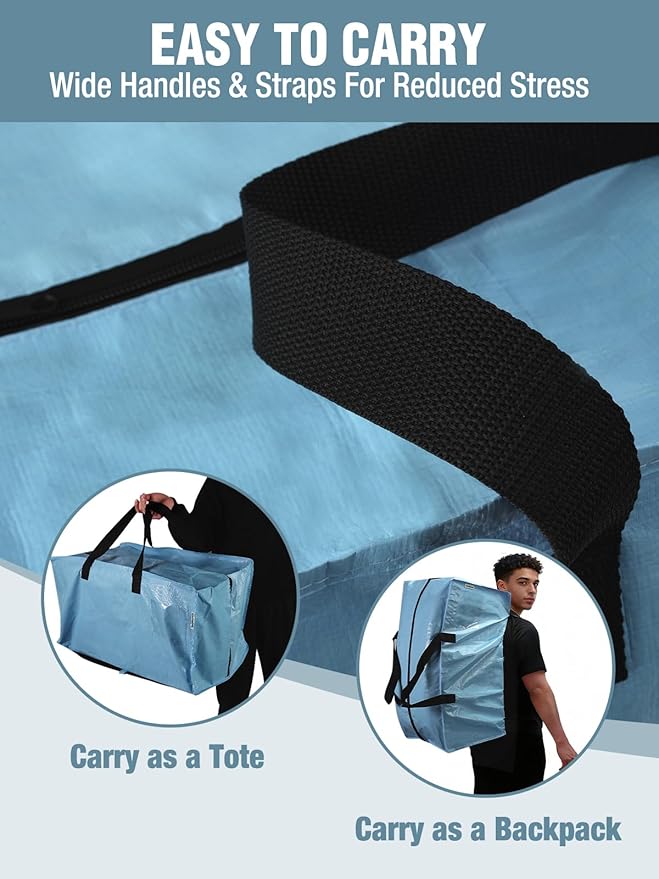 WORKPRO 8 Pack Extra Large Moving Bags with Zippers & Carrying Handles Backpack Straps, Heavy-Duty Storage Tote for Space Saving & Storage, Alternative to Moving Box (Dusty Blue)