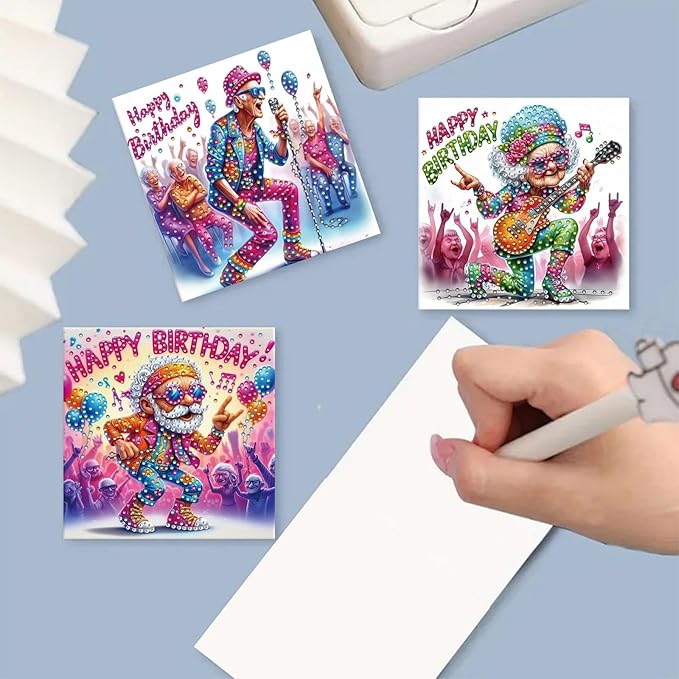 DoxQcs 5D Diamond Art Painting Greeting Cards Kit, DIY Cards for Blessings Congratulations Gifts, Greeting Card Set for Birthday Thanksgiving Day Christmas Halloween-Birthday Rock Party