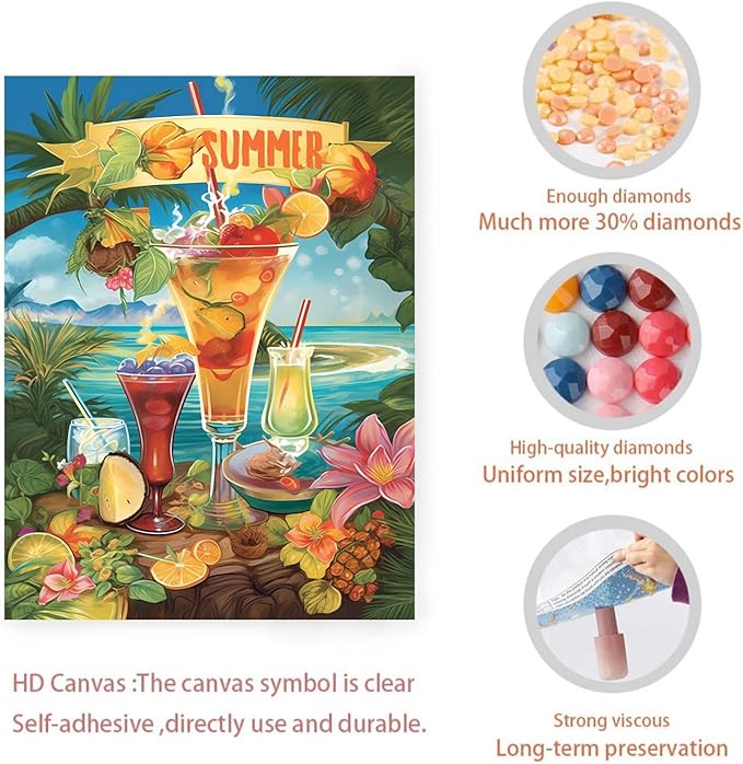 GUAIEUW Diamond Painting Kits for Adult Beginner Round Full Diamond 5D DIY Diamond Art Kit Gift - Season Theme Summer Beach Drinks Diamond Painting Home Wall Decor 16x24 Inch