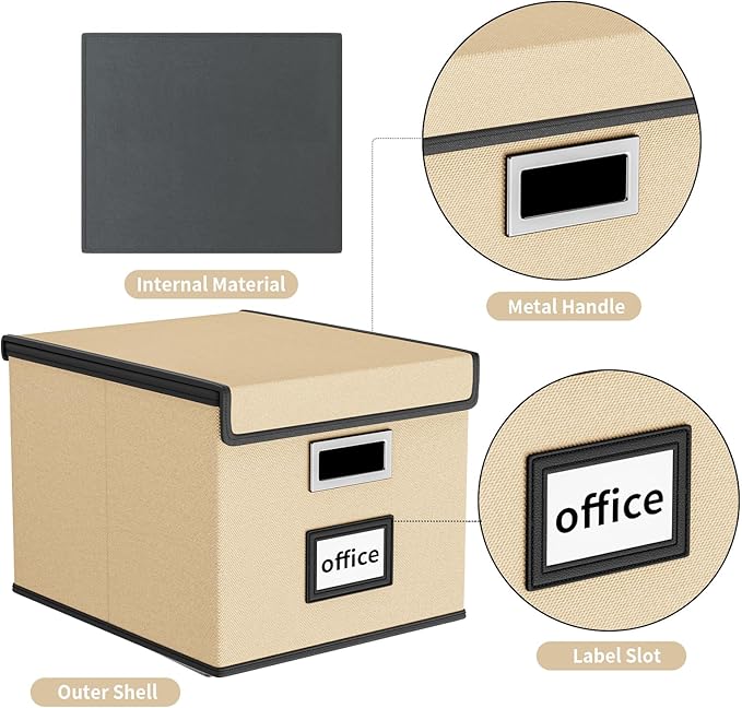 Huolewa File Organizer Box with Lid, Collapsible File Folder Organizer for Office Document Storage, Filing Box with Plastic Slide for Letter Size Hanging File Folders(1 Pack, Brown)