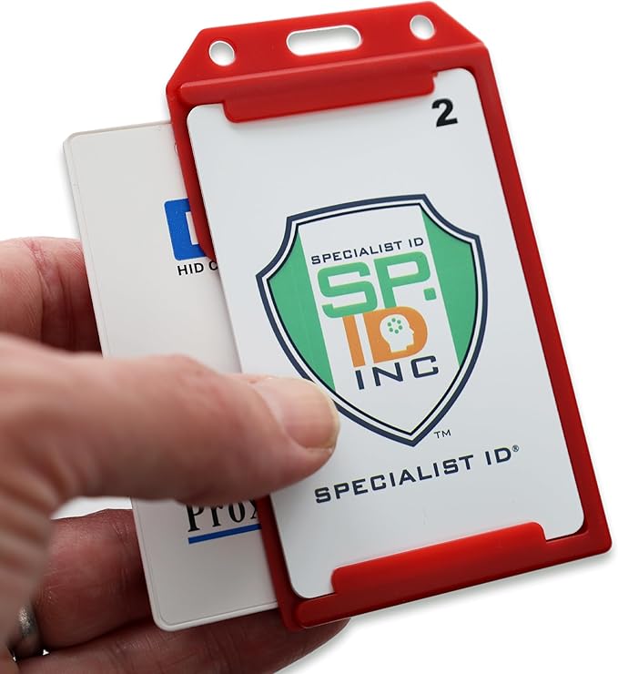 2 Pack - Heavy Duty 2-Sided Rigid Multi Card Holder - Hard Plastic Vertical ID Badge Holders for 2 Standard or Thick Prox Cards, Fuel Card, CAC, Work Badge, or Credit Cards by Specialist ID (Red)