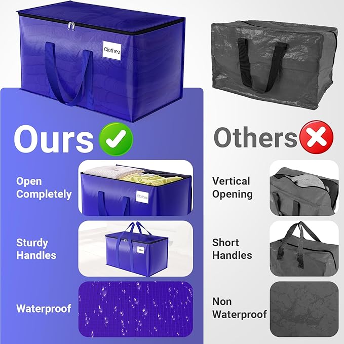 FabSpace 10Pack Moving Storage Bags, Moving Supplies Packing Boxes for Moving, Camping, College Dorm Room Essentials for Girls, Blue Tote Bags, 93L Heavy-Duty Storage Bins With Lids And Zippers