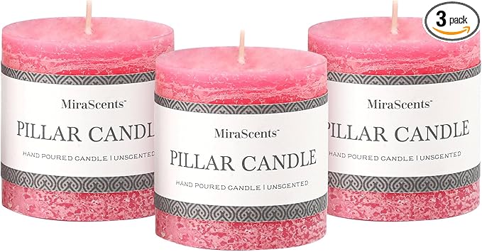 3x3 Inch Pink Pillar Candles Set of 3 - Hand-Poured Unscented Candles, Long Clean Burning, Smokeless Dripless Candle for Dinner Table, Home, Bathroom, Wedding, Valentines Day Decor
