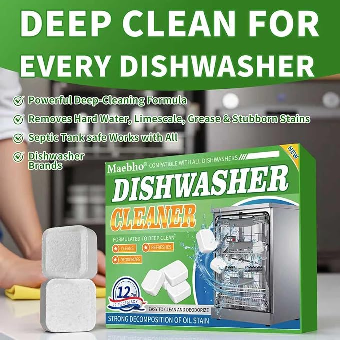 Dishwasher Cleaner and Deodorizer Tablets-12 Pack, Heavy Duty Deep Cleaning Descaler Pods for Dish Washer Machine, Removes Limescale, Odor, Grease, and Hard Water Stains, Septic Safe