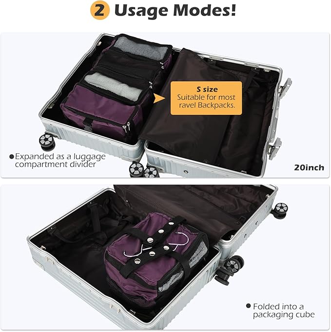 TABITORA Travel Luggage Organizer Hanging Packing Cubes Portable Hanging Shelves Carry on Closet for Suitcase with 2 Hooks,Collapsible(Purple,S)