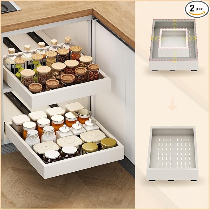 2Pc Pull out Cabinet Organizer,Width (11"-16") and Depth(13"-17"),Expandable With 3 Rails, Cabinet Roll out Drawers,Adjustable Slide out shelves for Kitchen and Pantry,for Cabinets Without Lip,White