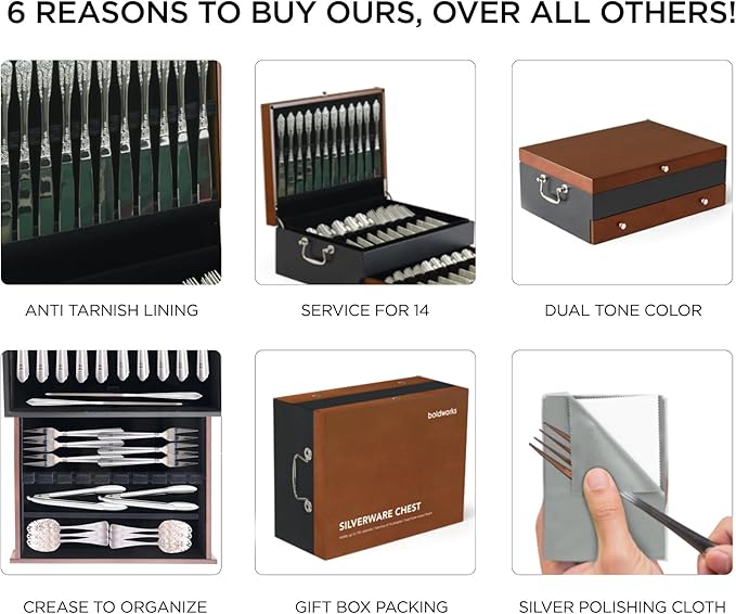 boldworks Silverware Storage Box Silverware Chest Case for Silver Flatware with Lid Tarnish Proof Felt Lined Partition and Drawer Holds Service for 14 Includes Polishing Cloth