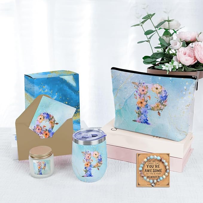 Personalized Gifts for Women Monogrammed Birthday Gifts for Women, Wife Girlfriend Wedding Christmas, Initial Wine Tumbler Makeup Bag Scented Candle Bracelet Set, (Aesthetic Blue Flower P)