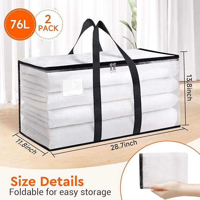 BlissTotes Clear Moving Bags Heavy Duty, 76L Extra Large Storage Bags with Zipper & Reinforced Handles, Waterproof PP Moving Totes for Clothes, Bedding, Comforters, Space Saving Storage (2 Pack)