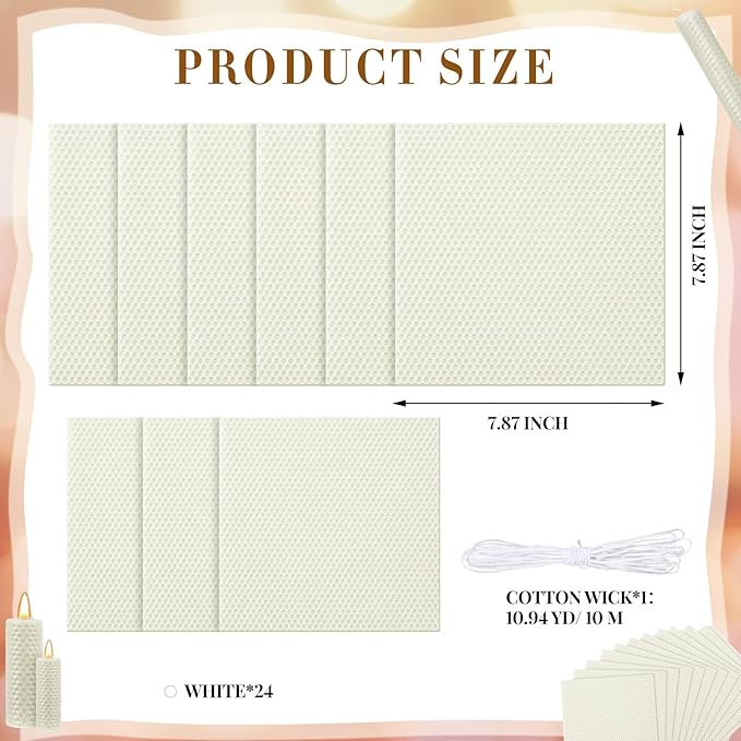 Yuntau 24 Pcs Beeswax Candle Making Kit Ivory Natural Beeswax Sheets DIY Set Include Honeycomb Sheets and Cotton Wicks for Craft Gift Kids Adults Fun Project