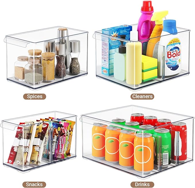 Clear Plastic Storage Bins with Dividers for Fridge Pantry Organizers and Storage Containers, 3 Pack Acrylic Stackable Sturdy Storage Boxes for Home Edit and Cabinet Organizers C6-1