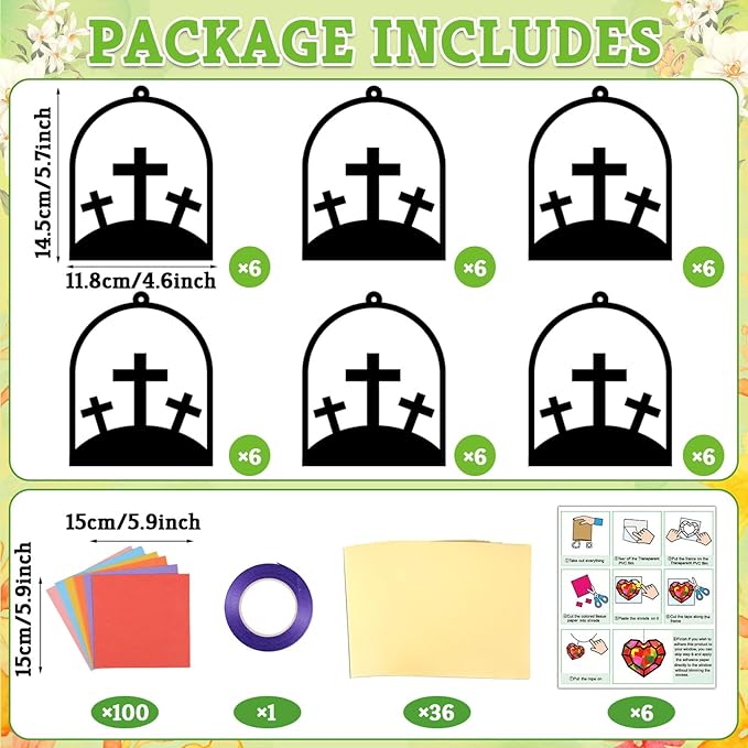Qyeahkj 36 Set Easter Jesus Cross Suncatchers Crafts for Kids DIY Christian Religion Cross Window Tissue Paper Craft Kit Hanging Decor for School Home Activity Art Project Birthday Party Favor