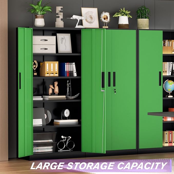 Superday Metal Storage Cabinets, 72" Storage Cabinet with Locking Door, Tall Garage Cabinet with 2 Doors and 4 Adjustable Shelves for Home Office, Classroom, Easy Assemble(Black Green)