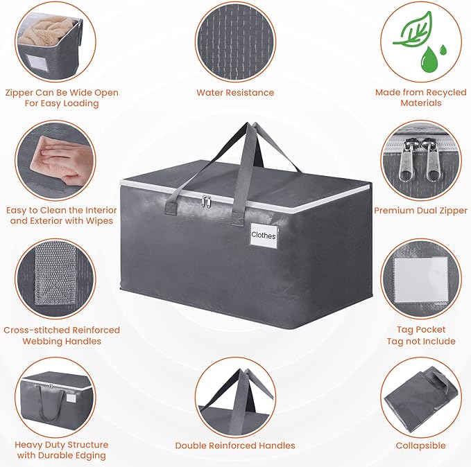 BlissTotes Large Moving Boxes and with Zippers & Handles Moving Supplies with lids, Heavy Duty Totes for Storage Bags for Space Saving, Fold Flat, Moving and Storing 125L, 6 Pack