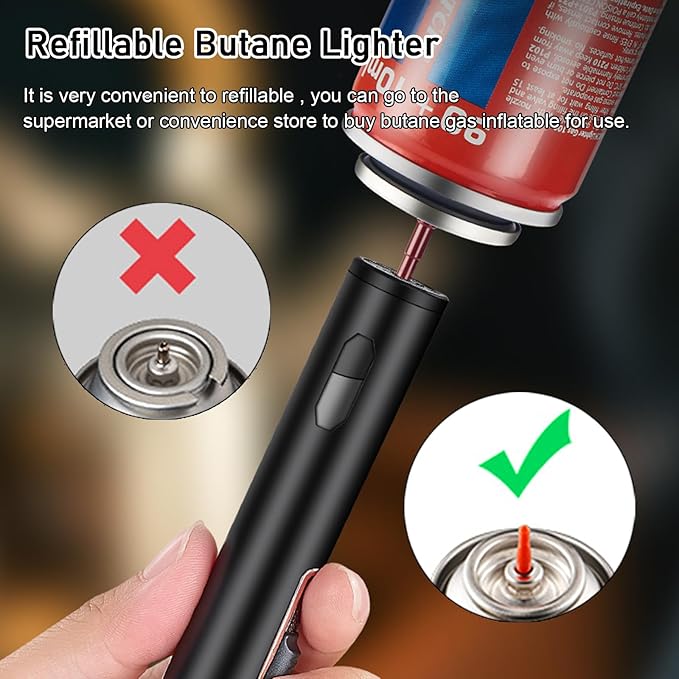 Torch Lighter - Refillable Butane Lighter with Adjustable Flame, Windproof Jet Flame, Transparent Gas Window - Long Lighter for Candles, Kitchen, Outdoor Use (Gas Not Included)-Black