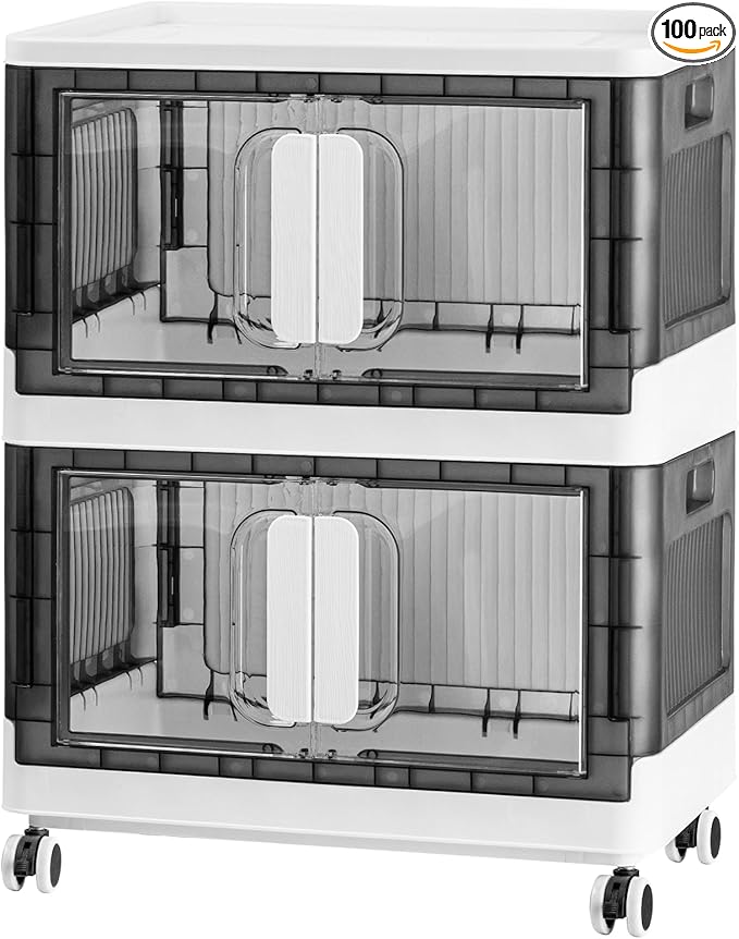 Folding Storage Organizer with Silent casters | Stackable Design for Home & Office, Heavy-Duty Plastic Storage Bin with Clear Door, 3 Sizes (19.5/23.5/27.5in),Black/White (27.6" 2 layer, White)