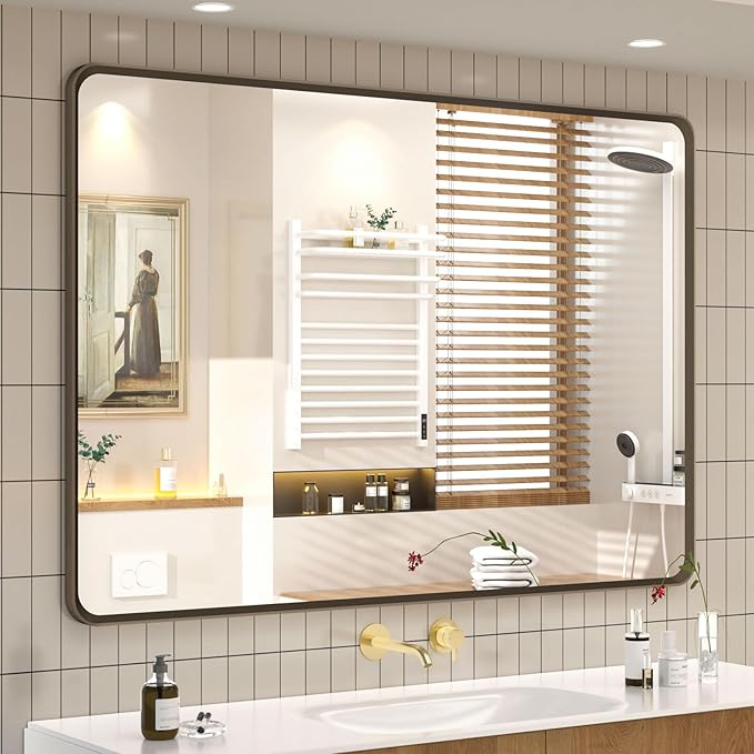 OKPAL 40x30 Brushed Bronze Bathroom Mirror, Metal Framed Bathroom Mirror, Bronze Rectangle Vanity Mirror, Round Corner, Shatterproof, Anti-Rust, Wall Mounted (Horizontal/Vertical)